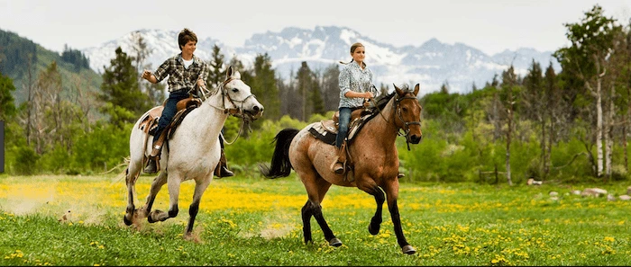 Confident plus-size woman riding Ravenscliffe a horse through a field with a smile on her face.